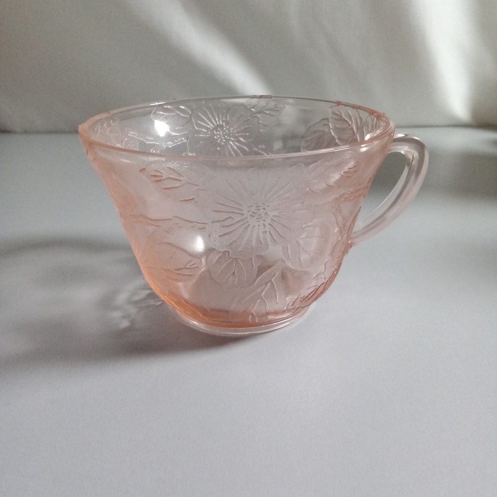 Jeannette Glass Pink Depression Glass Cherry Blossom Teacup Vintage Floral